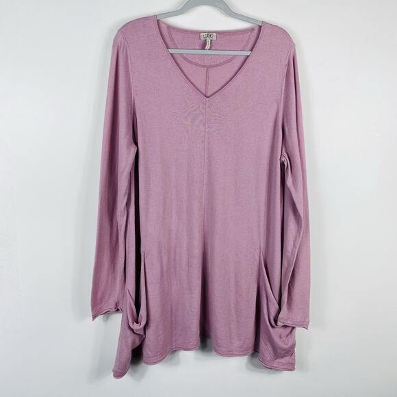 LOGO Lori Goldstein Size XL Cotton Cashmere V-Neck Tunic Sweater Pink Pockets - Picture 1 of 5